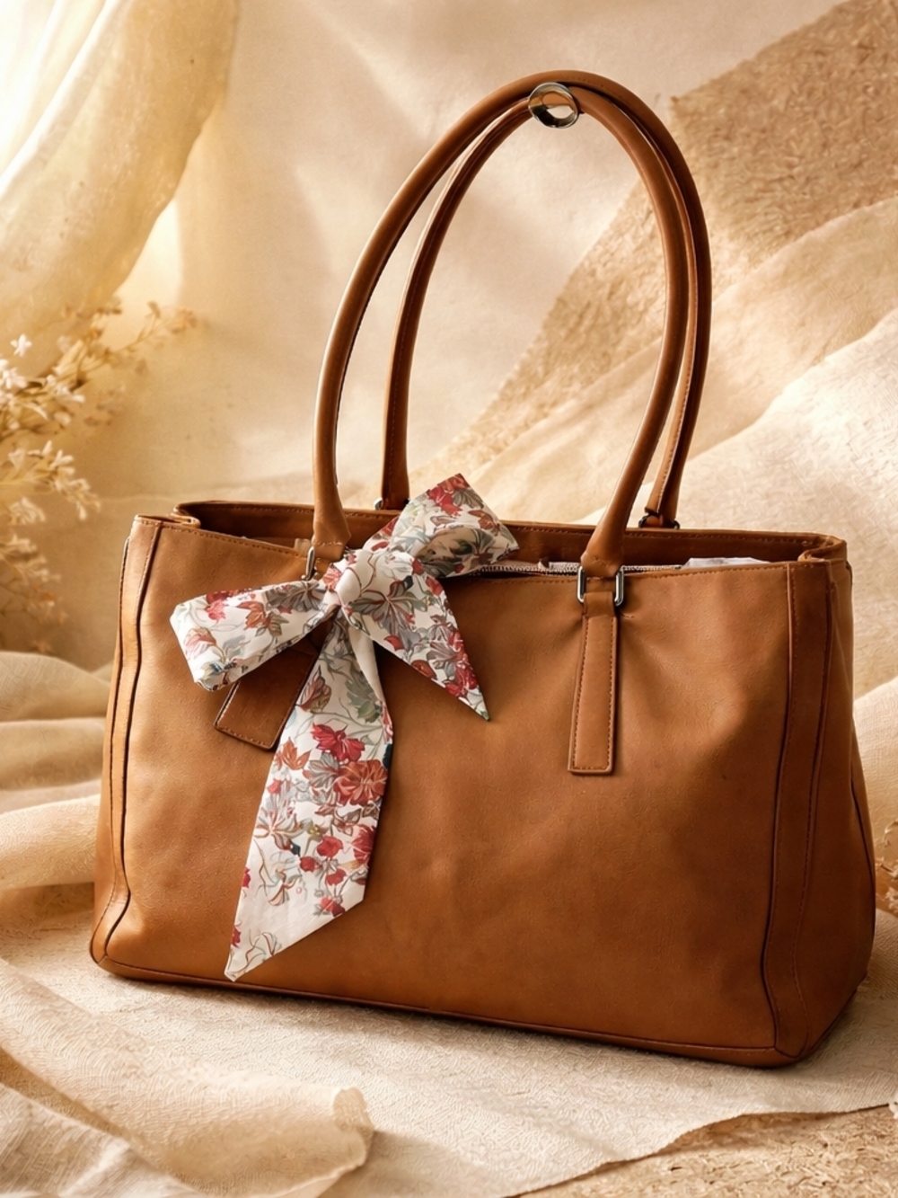 Coach VTG Camel Leather Shoulder Tote with Floral Bow Scarf